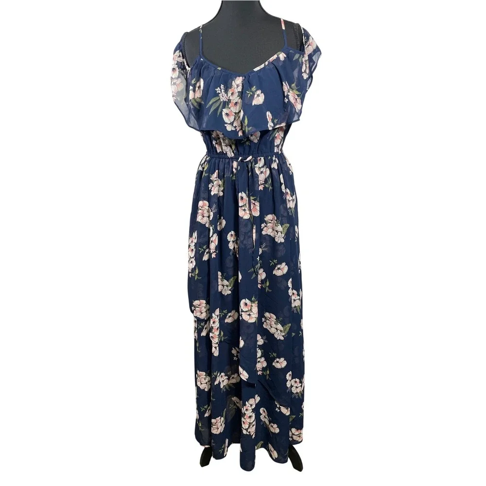 Abercrombie Fitch Women‎ Dress Size M Navy Floral Cold Shoulder Ruffle Maxi Wrap